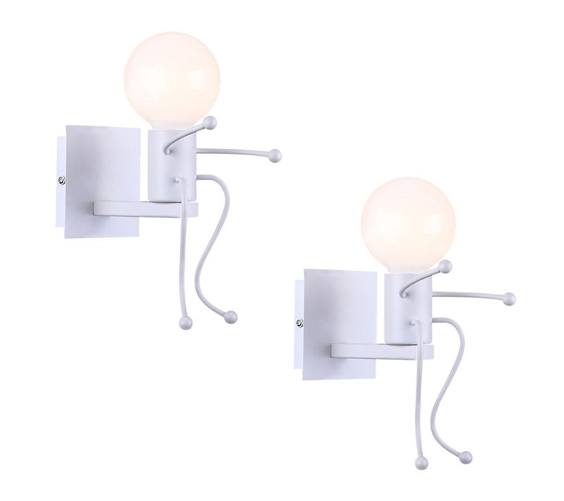 2x Applique Murale Simple Petit Gens Fer Métal Lampe De Mur Poupée E27 Pour Chambre Cuisine Blanc