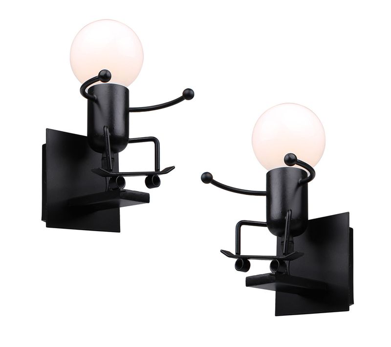 2x Applique Murale De Fer Petit Gens Lampe De Mur E27 Pour Chambre Cuisine Couloir Noir