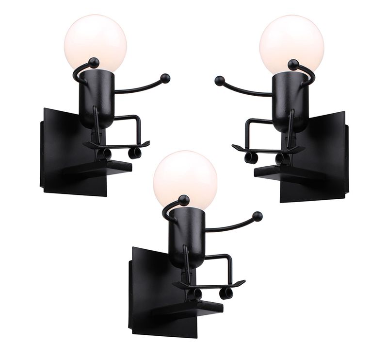 3x Applique Murale De Fer Petit Gens Lampe De Mur E27 Pour Chambre Cuisine Couloir Noir