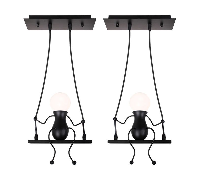 Lot De 2 Suspension Luminaire Petit Homme En Fer Lampe Design De Gens Moderne Chambre Salon E27 Noir