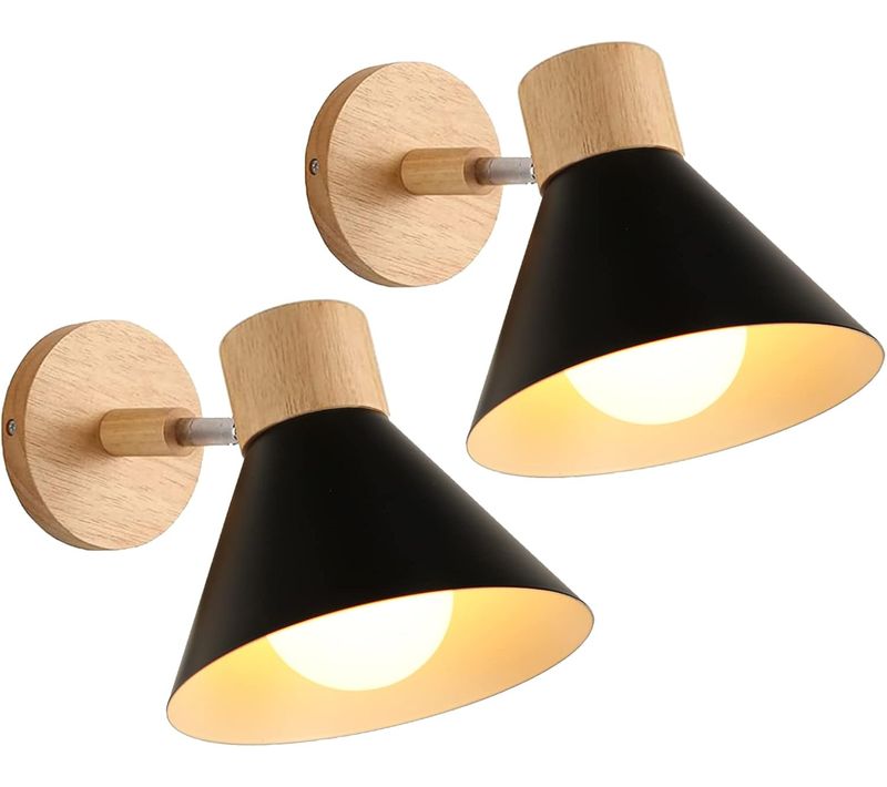 Lots De 2 Appliques Murales Intérieur Réglable E27 Bois Pour Chambre Salon Couloir, Ø18cm Noir