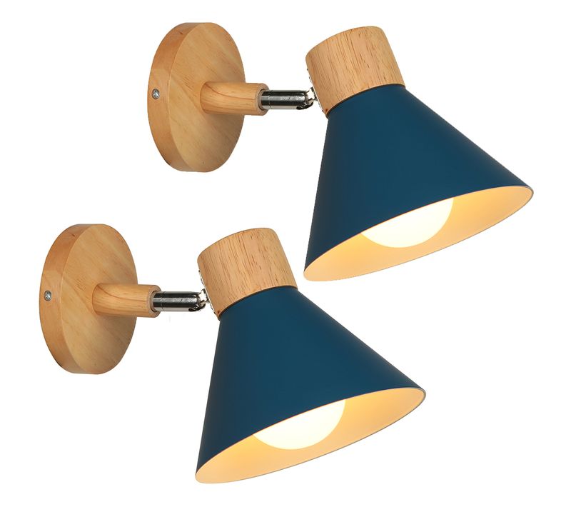 Lots De 2 Appliques Murales Intérieur Réglable E27 Bois Pour Chambre Salon Couloir, Ø18cm Bleu Foncé