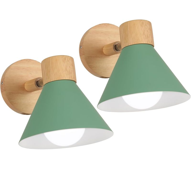 Lots De 2 Appliques Murales Intérieur Réglable E27 Bois Pour Chambre Salon Couloir, Ø18cm Vert