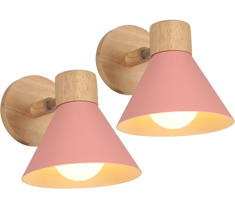 Lots De 2 Appliques Murales Intérieur Réglable E27 Bois Pour Chambre Salon Couloir, Ø18cm Rose