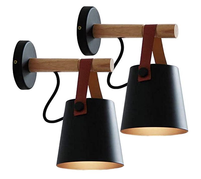 Lot De 2 Applique Murale Métal Fer Forgé Bois Ceinture Eclairage Suspension Luminaire, E27 Noir