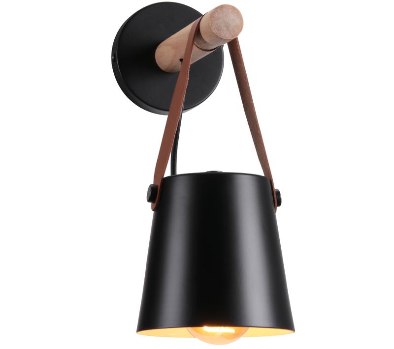 Applique Murale LED Industrielle Métal Bois Abat-jour Suspendu Ceinture E27 Chambre Salons,noir