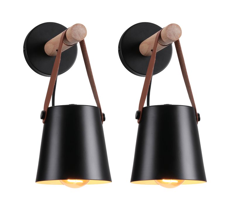 Lot De 2 Applique Murale En Bois Naturel Abat-jour Pour Couloir Chambre Salon, Noir (sans Ampoule)