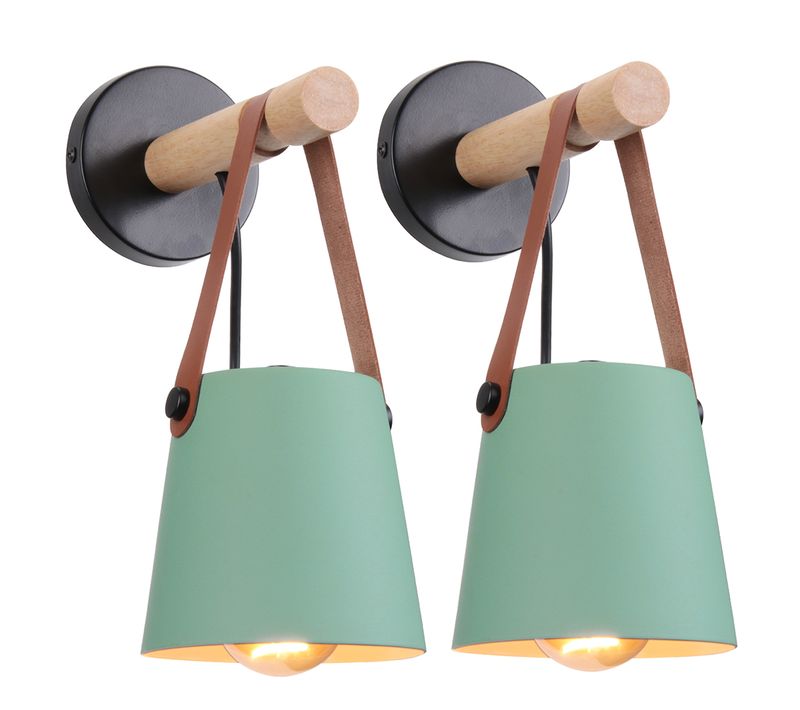 Lot De 2 Applique Murale En Bois Naturel Abat-jour Pour Couloir Chambre Salon, Vert (sans Ampoule)