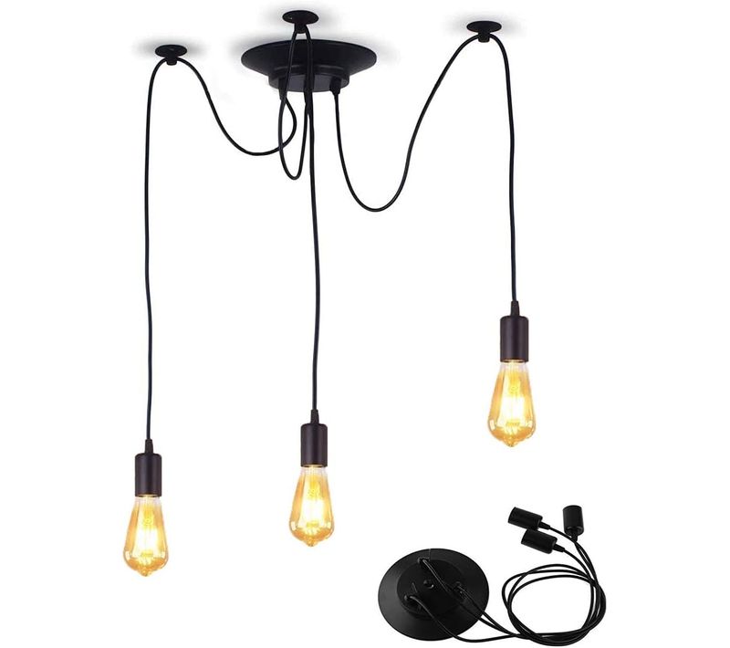 Lustre Suspension Industriel Araignées 3 Têtes Éclairage Plafonniers Rétro Sans Ampoule 1,5m Noir