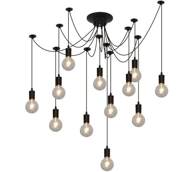 Lustre Suspension Industriel Araignées 12 Têtes Éclairage Plafonniers Rétro Sans Ampoule 2m Noir