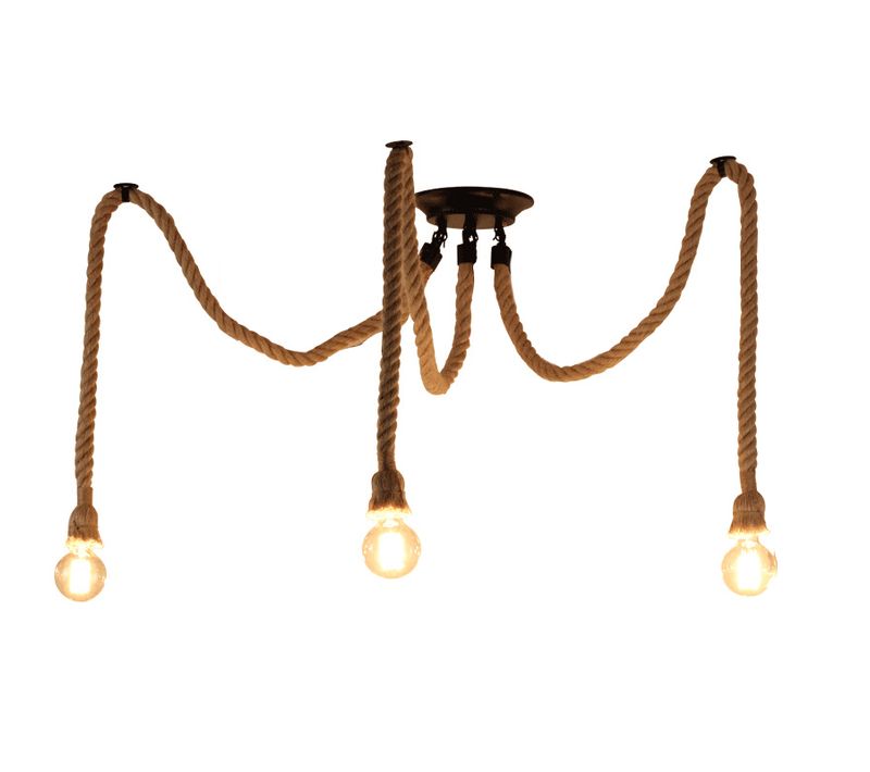 Suspension Araignee Corde De Chanvre Lustre Industriel 3 Bras E27 Douille 2m Fil