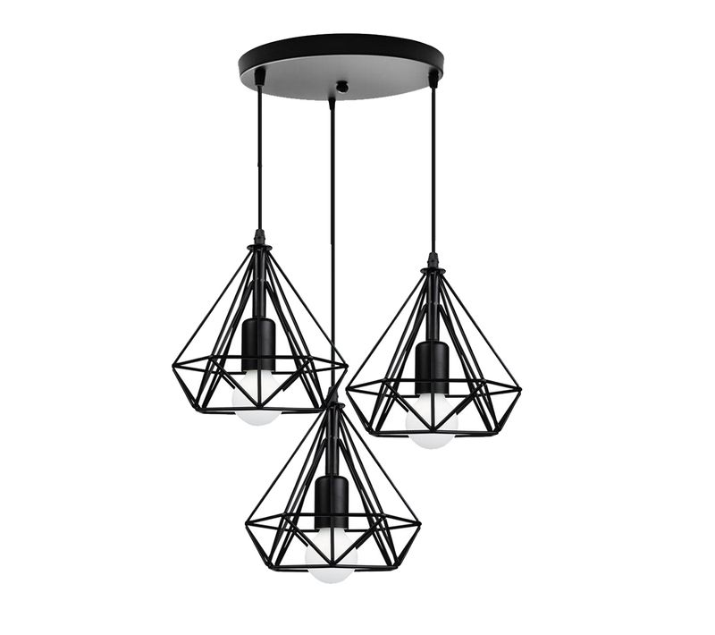 Lustre Suspension Industriel 3 Luminaires Abat-jour En Métal Diamant Noir