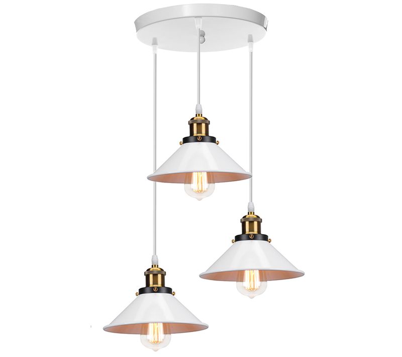 Suspension Industrielle E27 Lustre Vintage 3 Lampes De Plafond Abat-jour 22cm Blanc