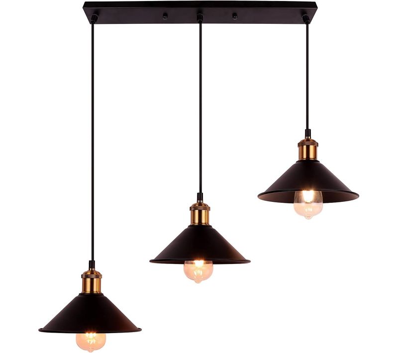 Suspension Industrielle 3 Luminaires Lustre Vintage Abat-jour 22cm Noir