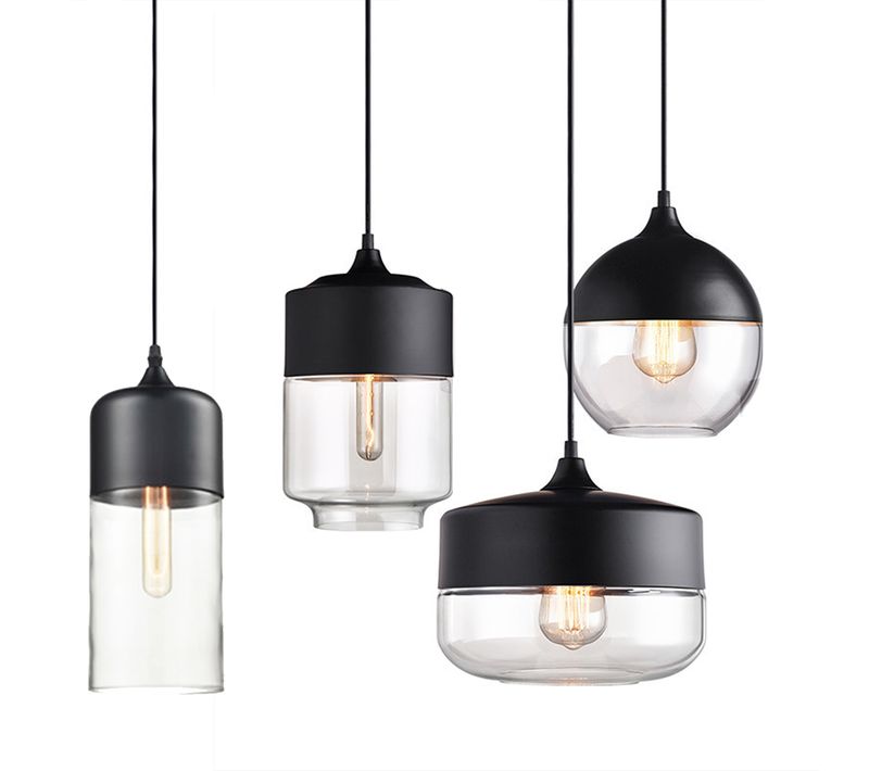 Lot De 4 Suspension Moderne Lustre Abat-jour Verre Luminaire De Plafond Pour Chambre Salon Bar Noir