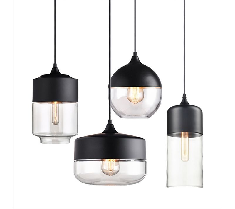 Lot De 4 Suspension Moderne Lustre Abat-jour En Verre E27 Pour Salle Chambre Salon Bar Noir