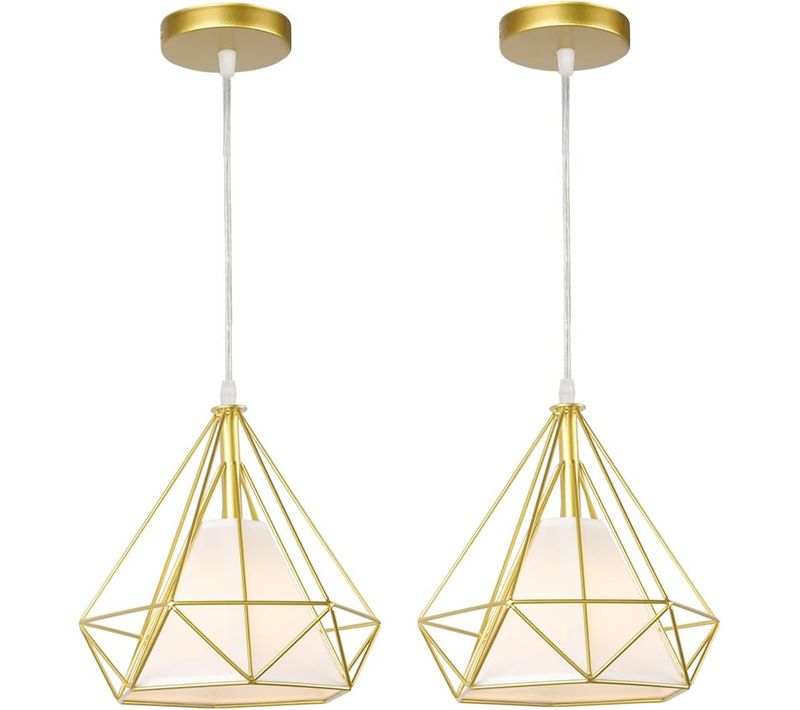 Lot De 2 Suspension Industrielle Cage 25cm E27 Lustre Luminaire Pour Cuisine Salon Chambre Or