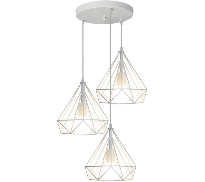 Suspension Industrielle Diamant 3 Lumière Abat-jour Métal Pour Restaurant Salle Chambre Blanc