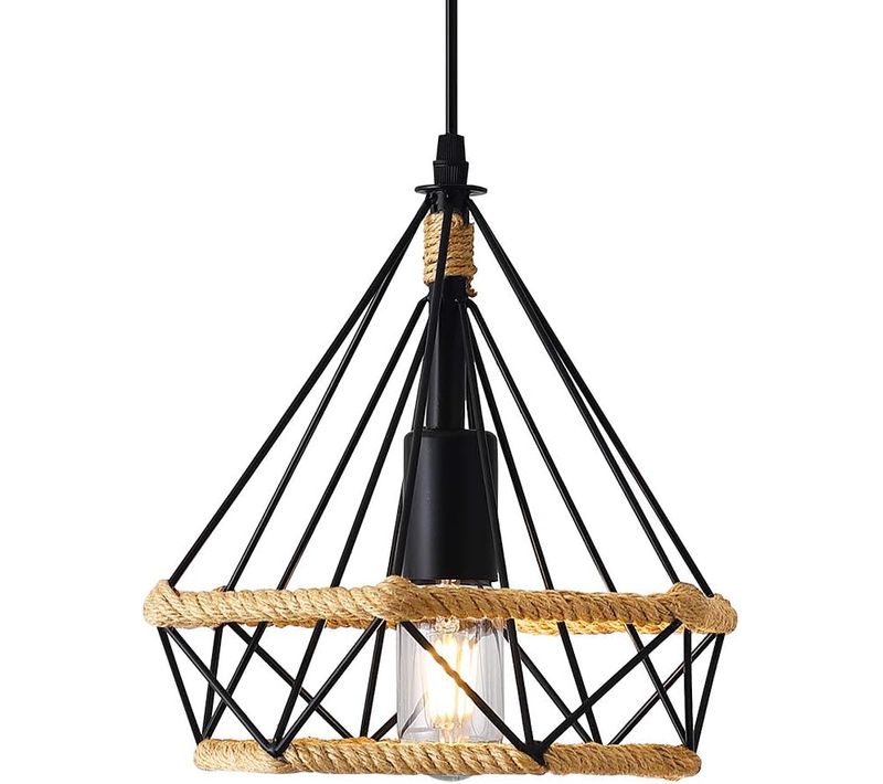 Suspension Industrielle 25cm Lustre Abat-jour En Forme Diamant Corde De Chanvre Noir
