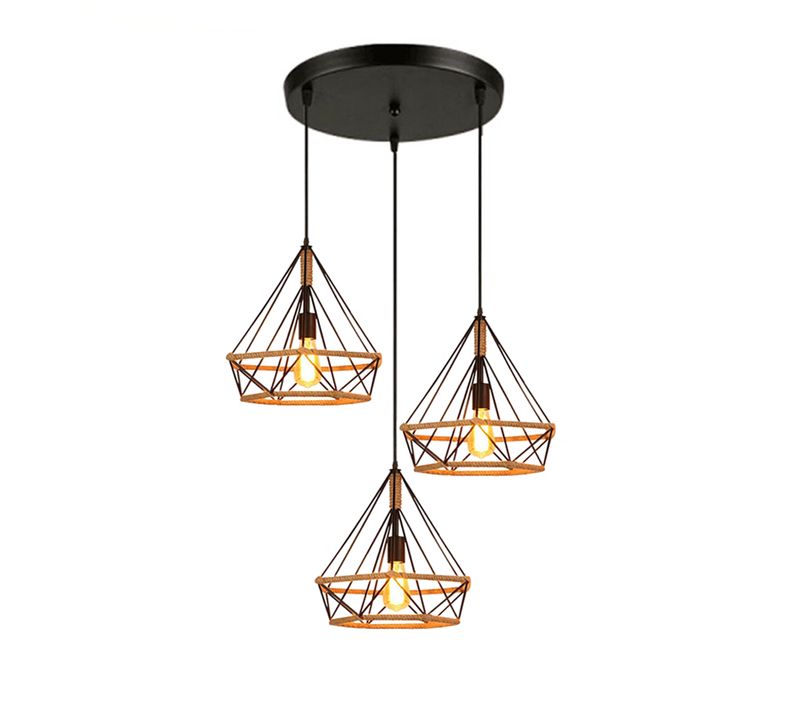 Suspension Industrielle 25cm E27 Lustre 3 Luminaire Corde De Chanvre Pour Salle Chambre Salon Noir