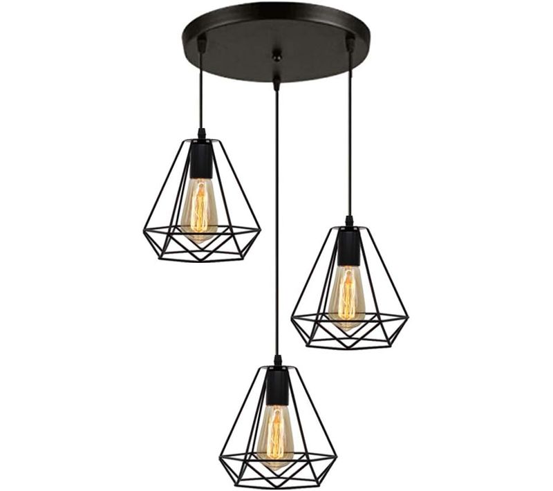 Lustre Suspension Industrielle Vintage Cage E27 Lampe De Plafond Métal Abat-jour 3 Luminaire Noir