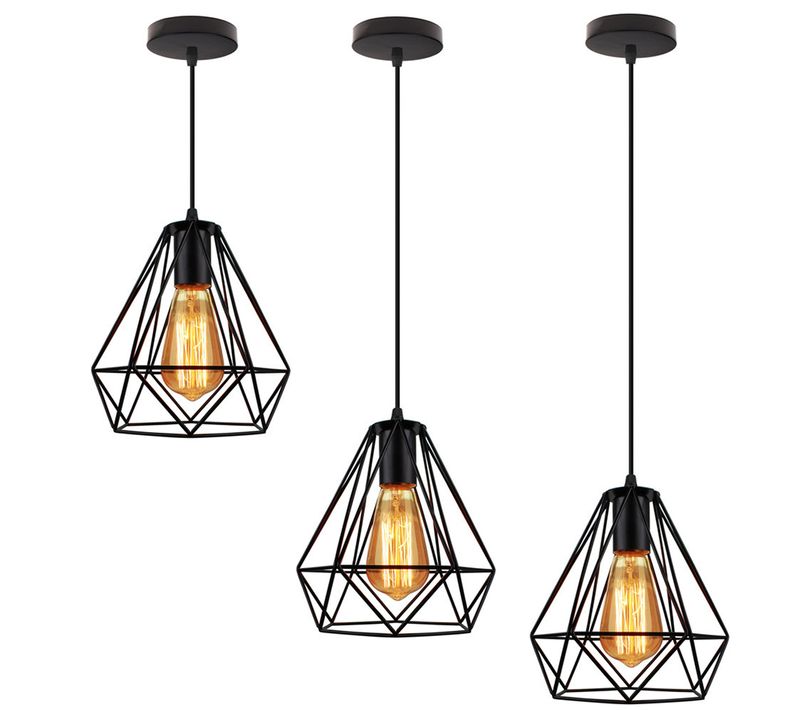 Lot De 3 Lustre Suspension Industrielle Cage Luminaire Abat-jour Pour Cuisine Salon Chambre Noir