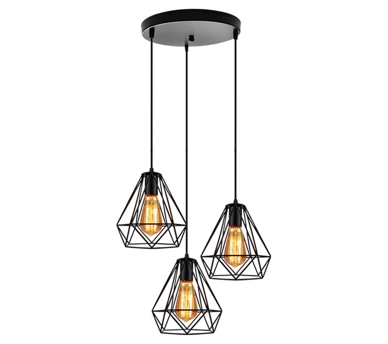 Lustre Suspension Industrielle Cage 3 Luminaire Abat-jour E27 Pour Cuisine Salon Chambre Noir
