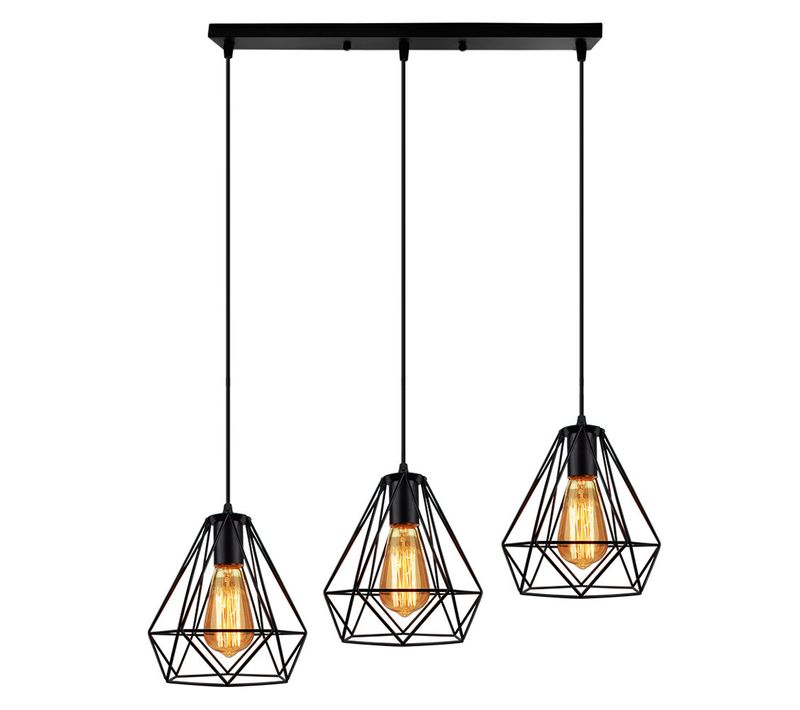 Suspension Vintage Cage E27 Lustre Abat-jour 3 Lampes Industrielle Pour Chambre Salon Cuisine Noir