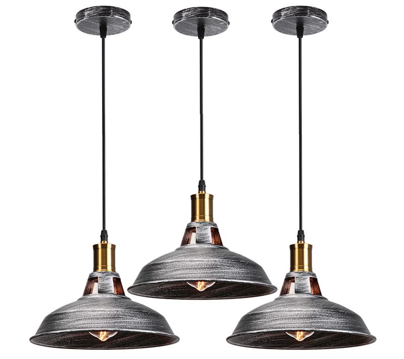 Lot De 3 Suspension Industrielle Vintage E27 Lustre Abat-jour Pour Cuisine Salon Chambre Argenté