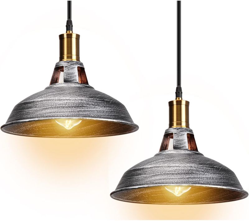 2 Pack Lustre Suspension Industrielle Vintage E27 Plafonnier Pour Cuisine Salon Chambre Argenté