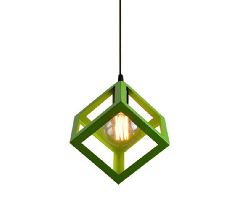 Suspension Moderne Géométrique Cube E27 Lustre Industriel Luminaire Abat-jour Métal Vert