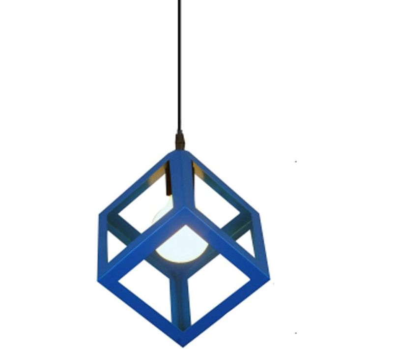 Suspension Moderne Géométrique Cube E27 Lustre Industriel Luminaire Abat-jour Métal Bleu