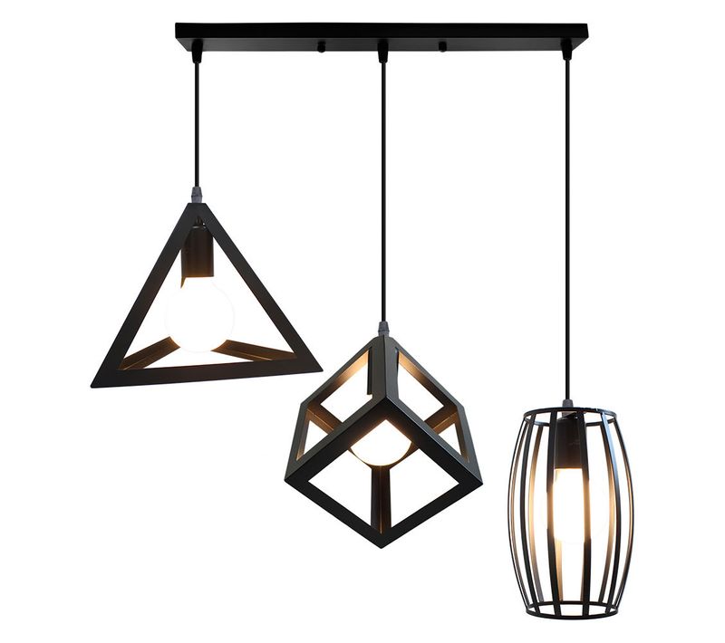 Suspension Industrielle Géométrique E27 Plafonnier 3 Lustre Moderne Pour Chambre Cuisine Salon Noir