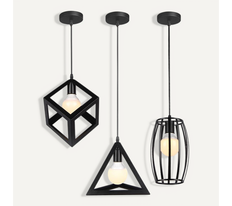 Lot De 3 Suspension Industrielle E27 Lustre Géométrique Pour Salon Cuisine Chambre Noir