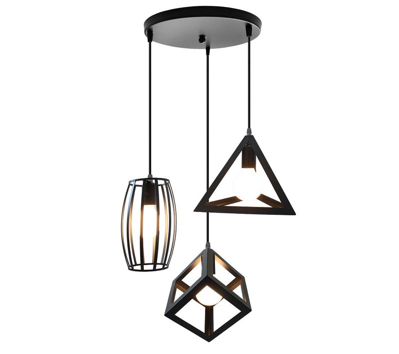 Suspension Industrielle E27 Lustre Géométrique 3 Lampes Pour Salon Cuisine Chambre Noir