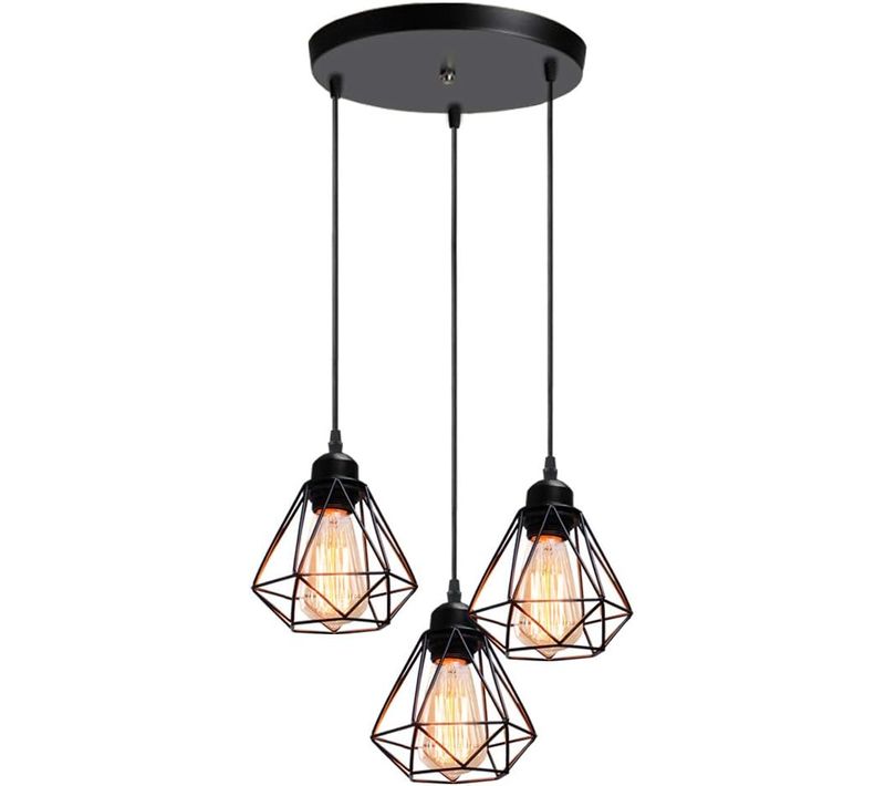 3 Lampes Suspension Industrielle Métal E27 Lustre Vintage Cage Pour Cuisine Chambre Salon Noir