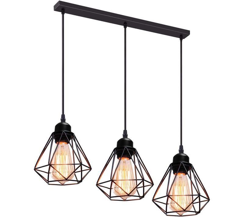 Suspension Industrielle Métal 3 Lampes Vintage Cage E27 Pour Cuisine Chambre Salon Noir