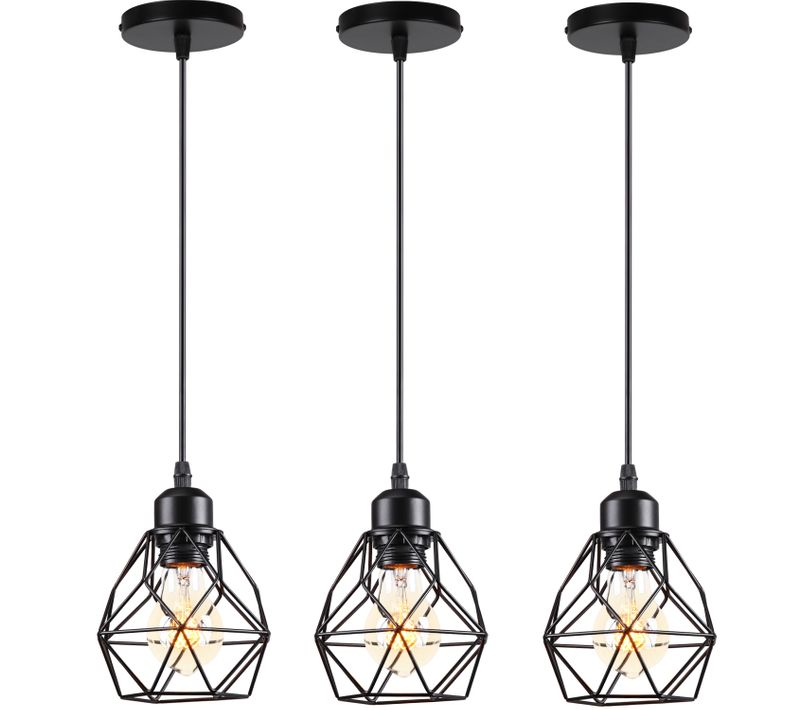 Lot De 3 Lustre Suspension Industrielle Vintage Luminaire E27 Pour Salon Chambre Cuisine Noir