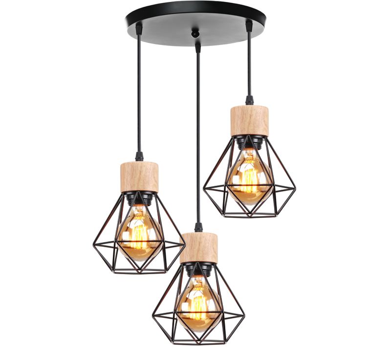 Lustre Suspension Industriel Vintage 3 Lumière Interieur E27 Cage Pour Salon Chambre Cuisine Noir