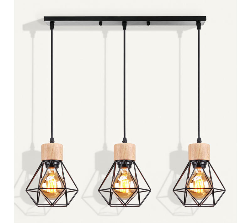 Lustre Suspension Industriel Vintage 3 Lampes De Plafond E27 Cage Pour Salon Chambre Cuisine Noir