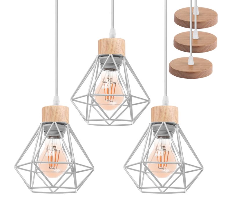 Lot De 3 Lustre Suspension Industriel Vintage Plafonnier Interieur Pour Salon Chambre Cuisine Blanc