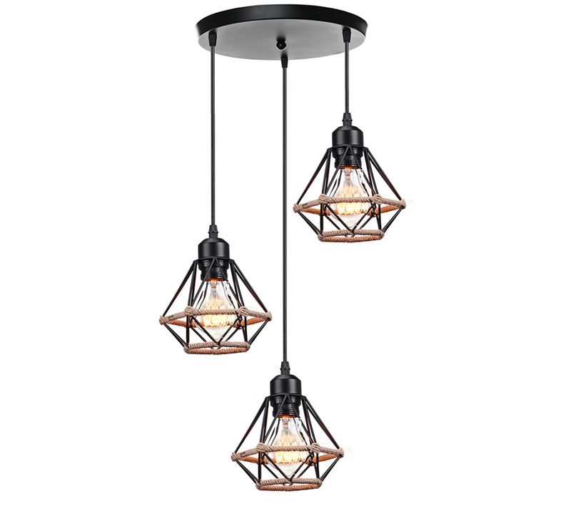 Lustre Suspension Industriel 3 Lampe Interieur Métal Plafonnier Pour Salon Chambre Cuisine Noir