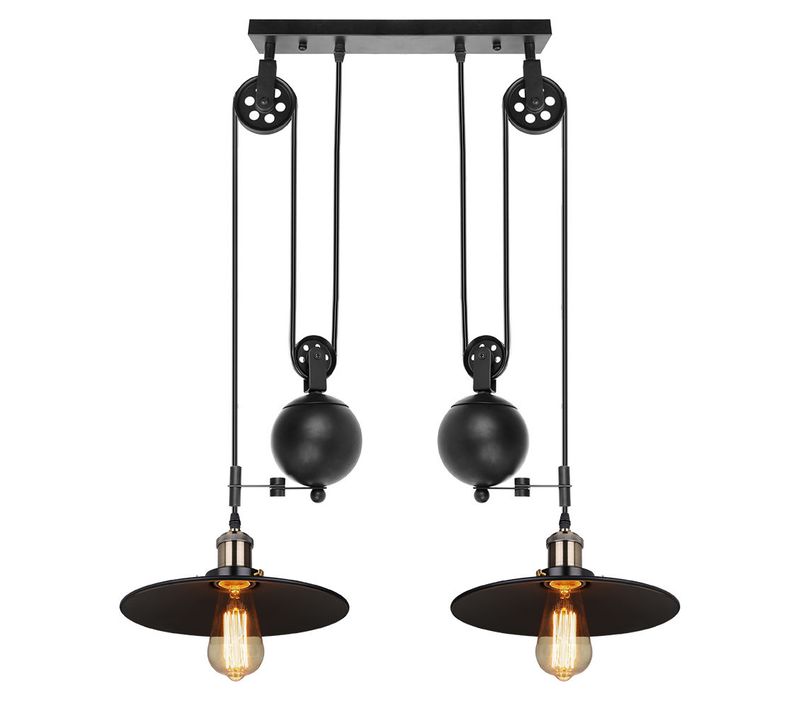 Suspension Industrielle Poulie Rétractable Lustre Vintage 2 Lampes Pour Salon Chambre Cuisine Noir