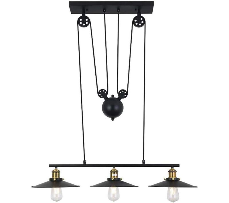Suspension Industrielle Poulie Rétractable Lustre Vintage 3 Lampes Pour Salon Chambre Cuisine Noir