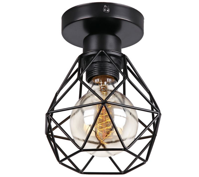 Plafonnier Industrielle Retro En Métal Luminaire De Plafond Cage E27 Pour Entrée Couloir Salle Noir