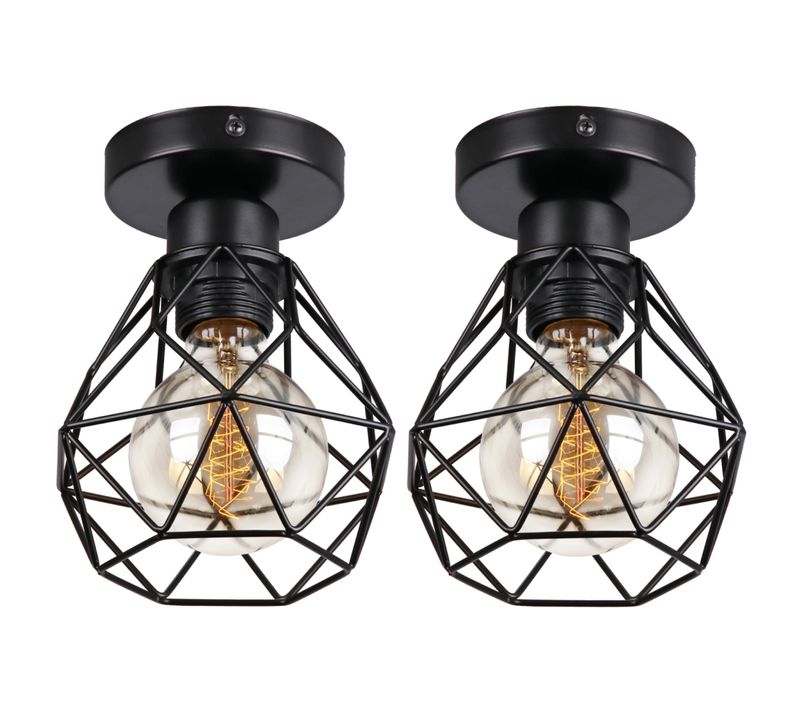 Lot De 2 Plafonnier Industrielle Retro Luminaire De Plafond Cage E27 Pour Entrée Couloir Salle Noir