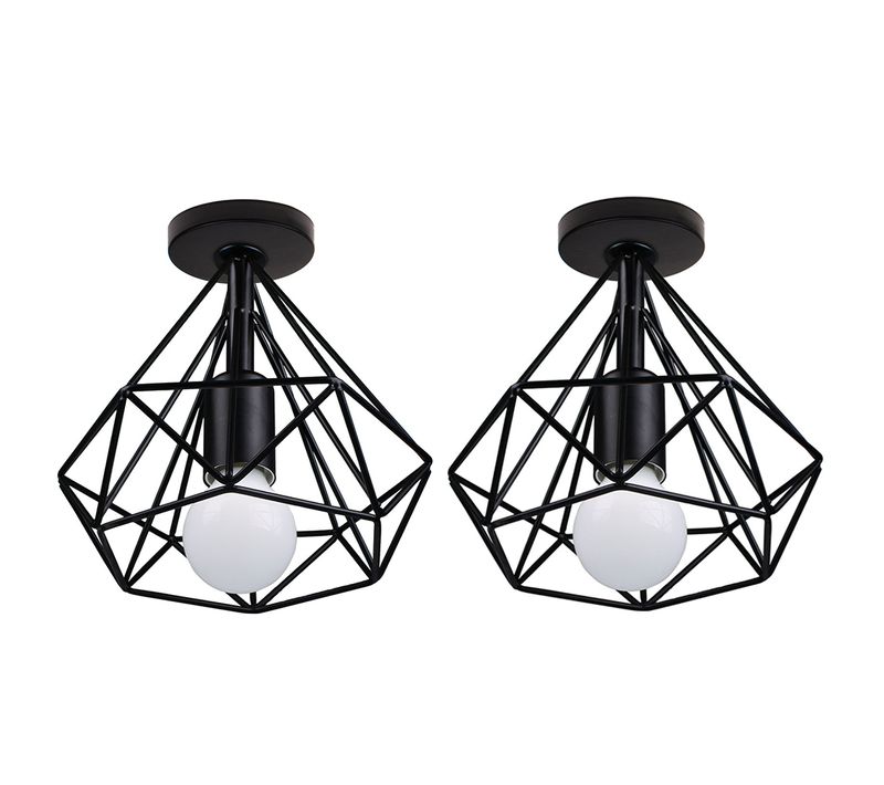 2 Pièces Plafonnier Industrielle Cage Lampe De Plafond Métal Pour Salon Chambre Cuisine Noir