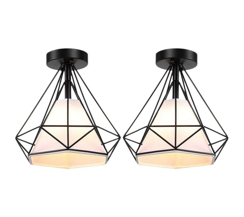 Lot De 2 Plafonnier Industrielle Diamant Luminaire De Plafond En Fer Pour Salon Salle Chambre Noir