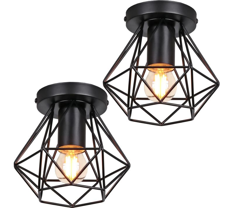 Lot De 2 Plafonnier Industrielle Cage En Métal Lampe De Plafond E27 Noir Pour Salon Salle Chambre