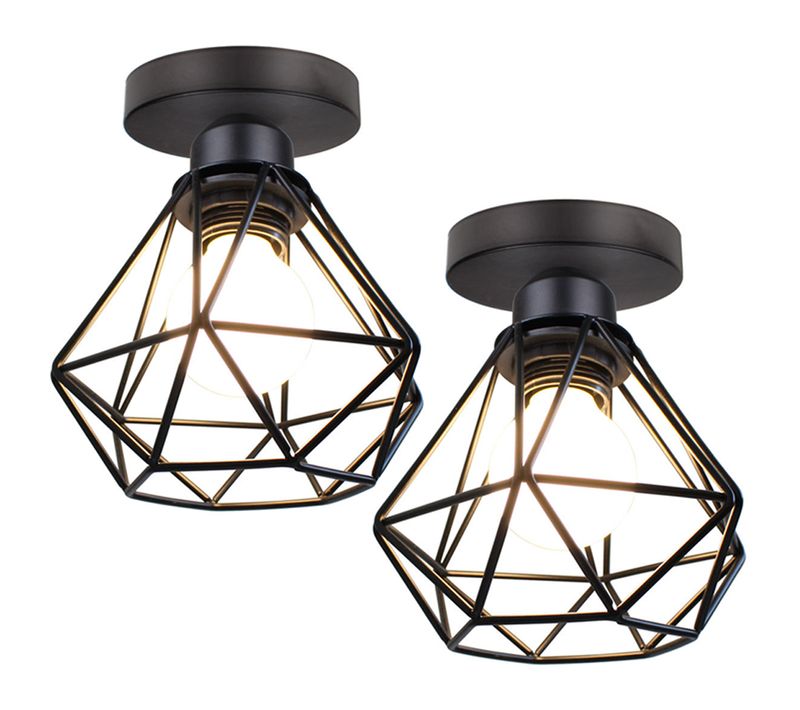 2 Pièces Plafonnier Industriel Métal Cage Lampe De Plafond E27 Pour Salon Chambre Cuisine Noir
